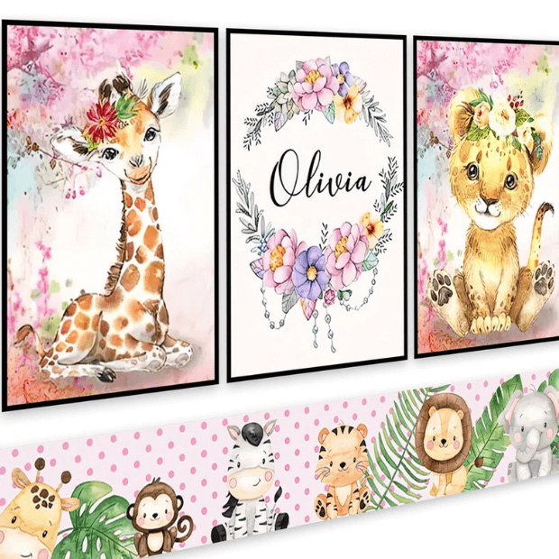 Quadros Decorativos Infantil Safari - Meninas - da "Poli Lar" (Brinde -- Personalização com nome da Pequena)