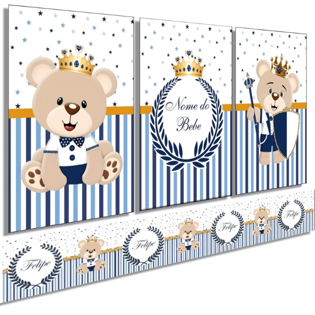 Kit de Quadros Decorativos Infantil -- Príncipe Urso -- "Poli Lar" (Comprando hoje ganhe Uma faixa Exclusiva adesiva e Personalizada com o nome do Pequeno)