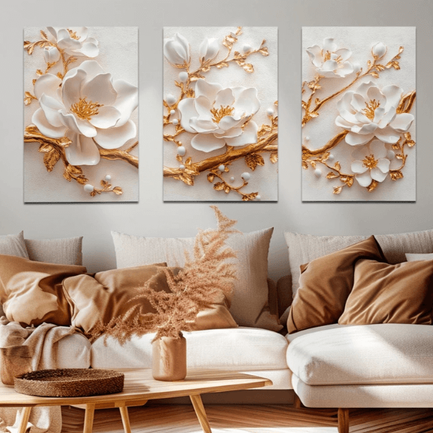 Jogo de Quadros 3D (Tulipas e Rosas) Flores de Luxo "Poli Lar"